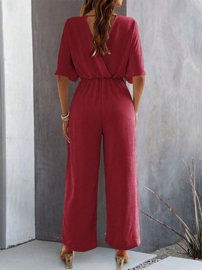 Women's short-sleeved solid color temperament casual wide-leg jumpsuit