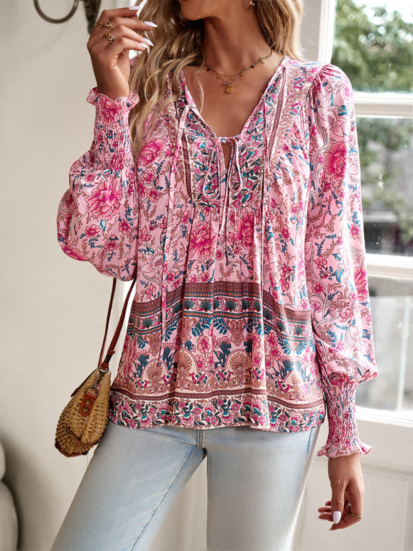 New casual printed v-neck long-sleeved top