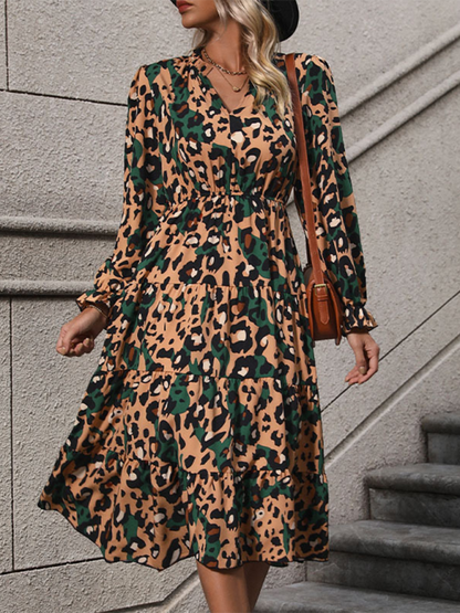 Women's mid-length long-sleeved leopard print dress