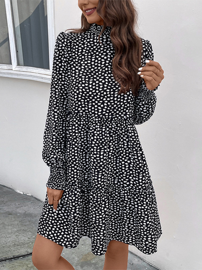 Women's small stand collar leopard print long sleeve loose dress