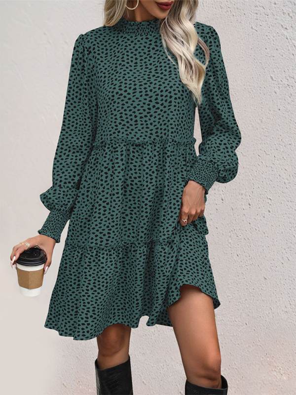 Women's small stand collar leopard print long sleeve loose dress