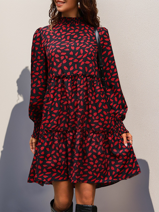 Women's small stand collar leopard print long sleeve loose dress