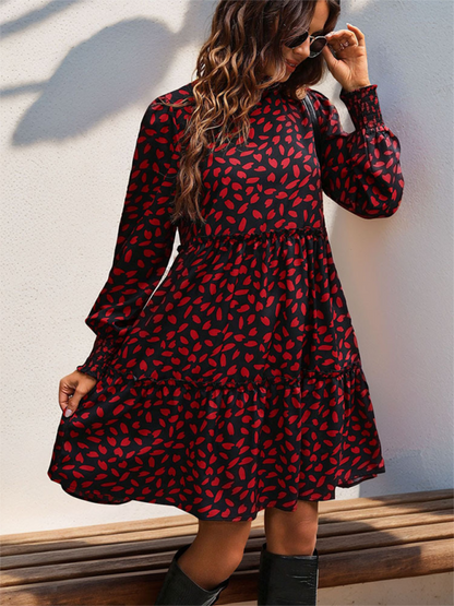 Women's small stand collar leopard print long sleeve loose dress