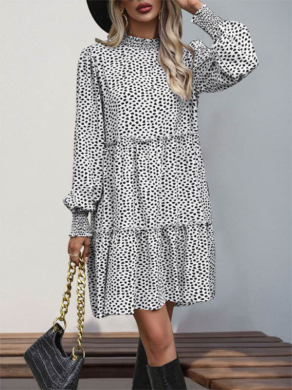 Women's small stand collar leopard print long sleeve loose dress