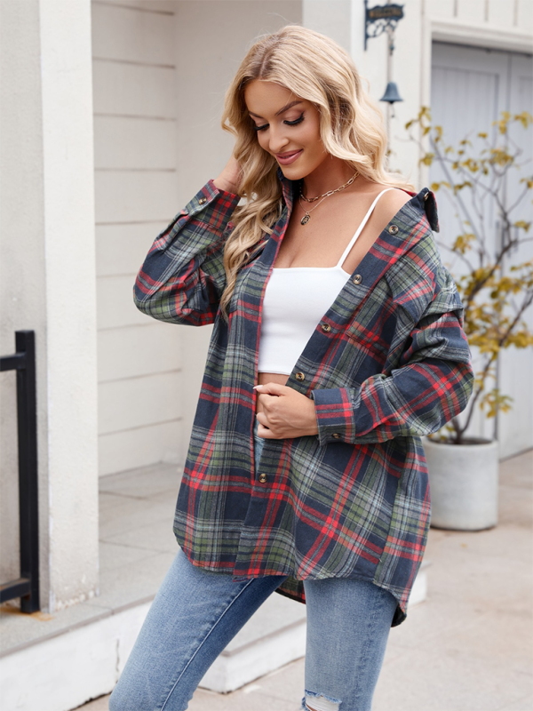 New Casual Fashion Loose Plaid Pocket Shirt