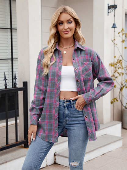 Women's casual fashion hot girl loose plaid shirt