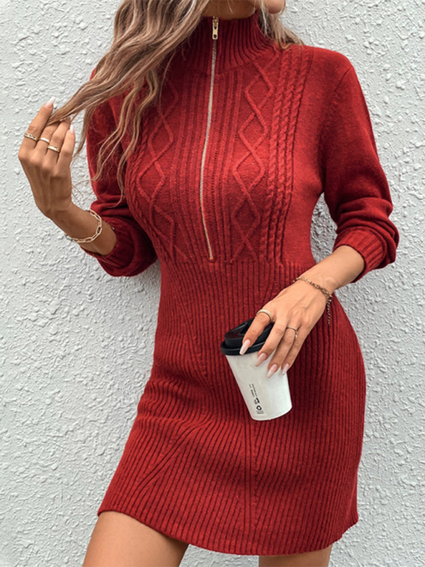 Fashionable women's new style lapel zipper sweater dress