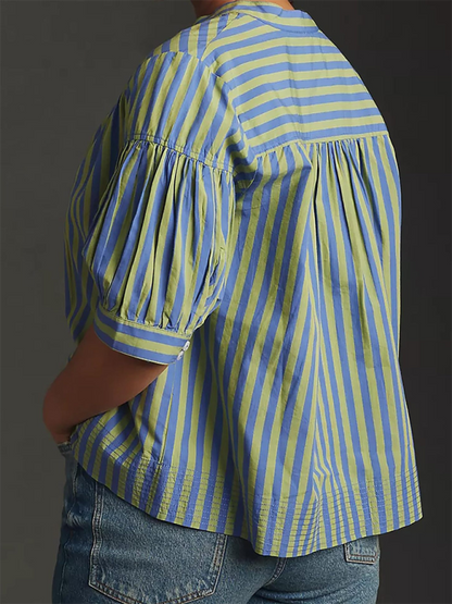 New Women's Shirt Casual Striped V-Neck Top