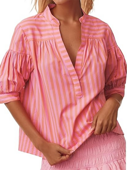 New Women's Shirt Casual Striped V-Neck Top