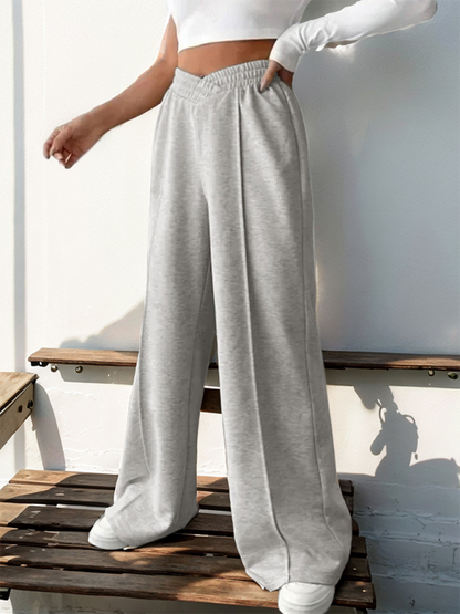 New women's casual elastic V-neck high waist stitching wide leg pants