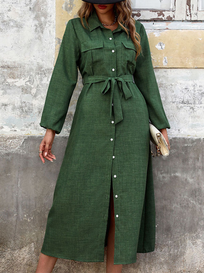 New Lapel Green Long Sleeve Solid Color Dress