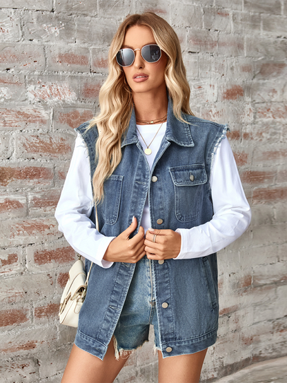 Ladies new washed denim loose vest waistcoat cardigan