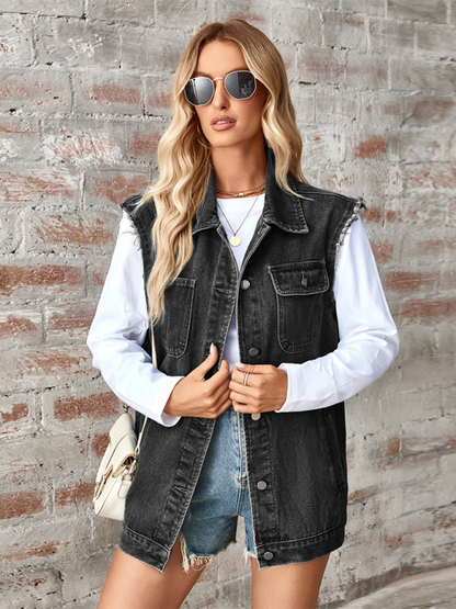 Ladies new washed denim loose vest waistcoat cardigan