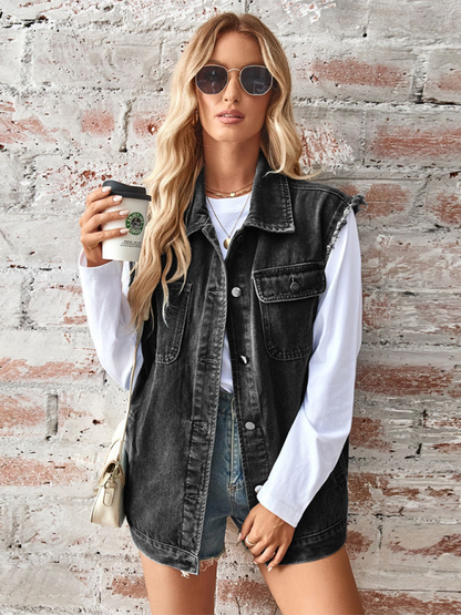 Ladies new washed denim loose vest waistcoat cardigan