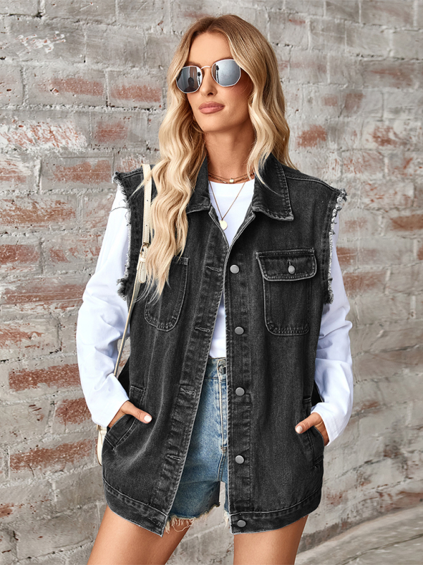 Ladies new washed denim loose vest waistcoat cardigan