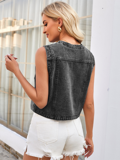 Ladies new washed slim collarless denim short vest