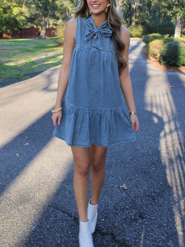 Denim bow tie loose dress