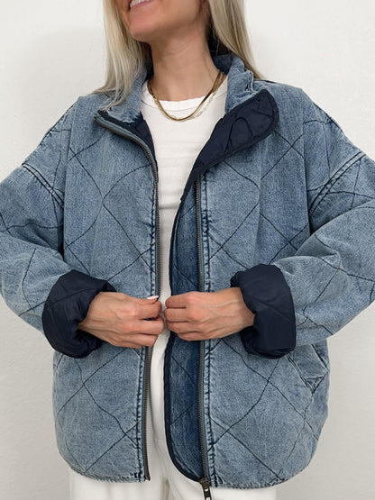 Denim Quilted Cotton Thick Lapel Loose Double Pocket Jacket