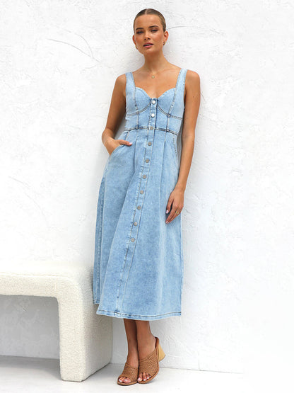 Light blue denim buttoned suspender midi skirt