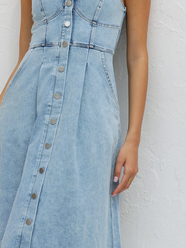 Light blue denim buttoned suspender midi skirt