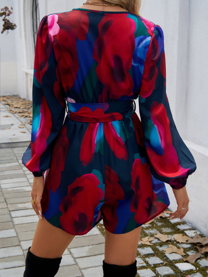 Contrast print long sleeve high waist jumpsuit