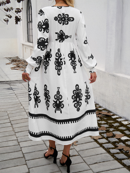 Contrast color print elegant v-neck long sleeve dress