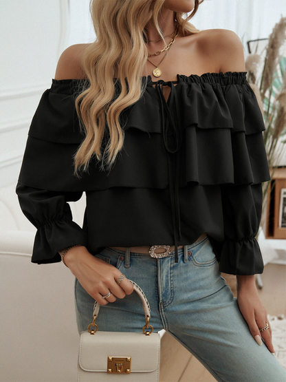 Loose-fitting pleated off-shoulder balloon sleeve top