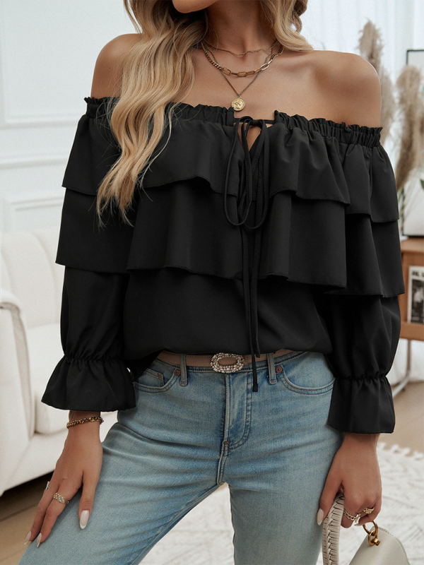 Loose-fitting pleated off-shoulder balloon sleeve top