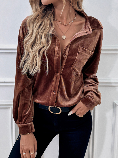 Lapel Long Sleeve Velvet Cardigan Top