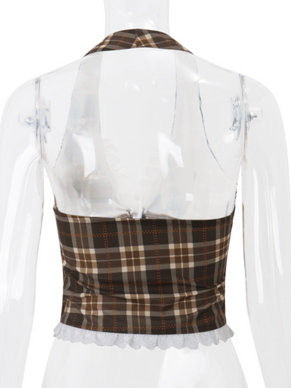 New Fashion Sexy French Sweet Retro Plaid Halter Vest Top