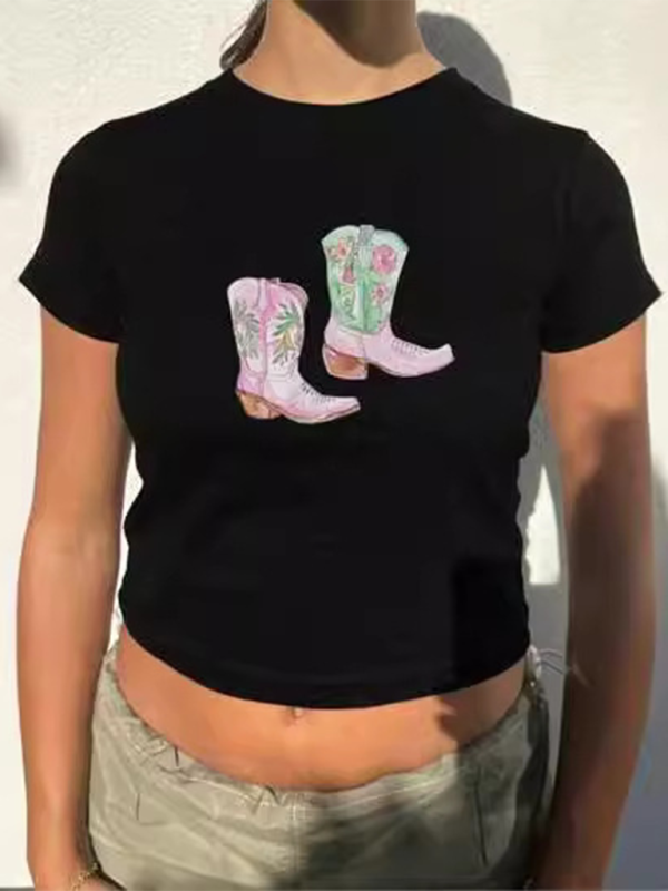 Y2K Boots Print Short Fashion Hot Girls T-Shirt