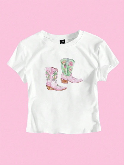 Y2K Boots Print Short Fashion Hot Girls T-Shirt