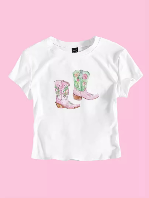 Y2K Boots Print Short Fashion Hot Girls T-Shirt