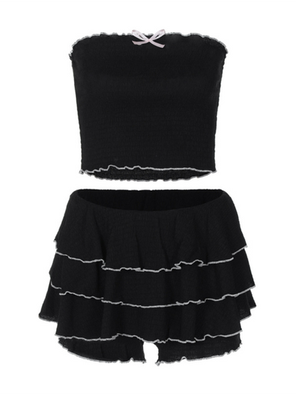 Fashionable and sexy tube top pleated cake skirt suit