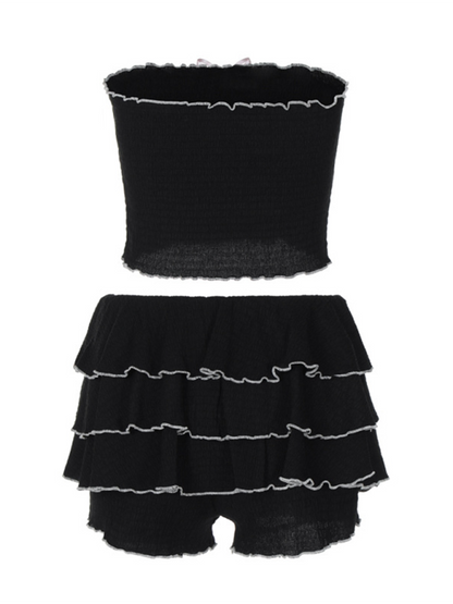 Fashionable and sexy tube top pleated cake skirt suit