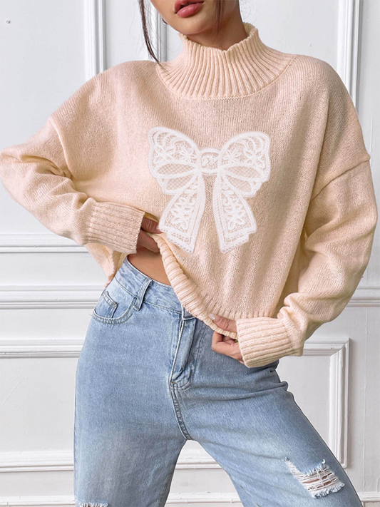 Women's Bow Embroidered Appliqued Turtleneck Pullover Sweater