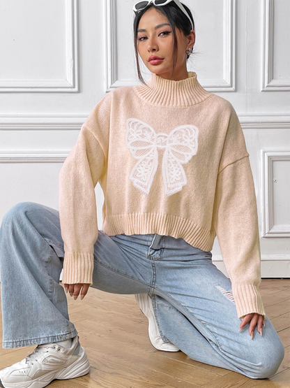 Women's Bow Embroidered Appliqued Turtleneck Pullover Sweater