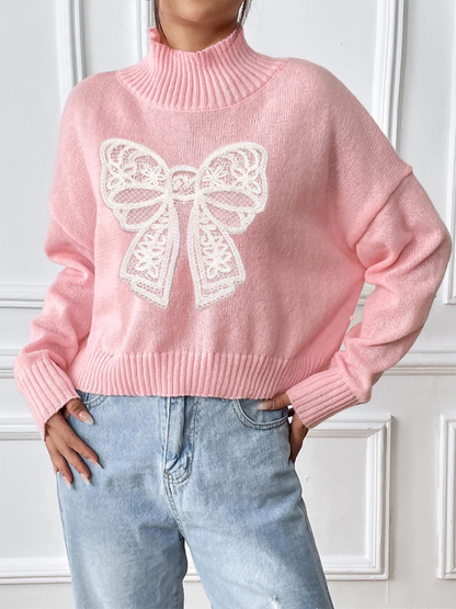 Women's Bow Embroidered Appliqued Turtleneck Pullover Sweater