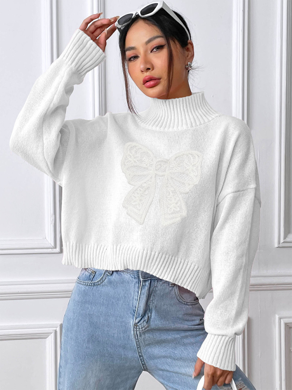 Women's Bow Embroidered Appliqued Turtleneck Pullover Sweater