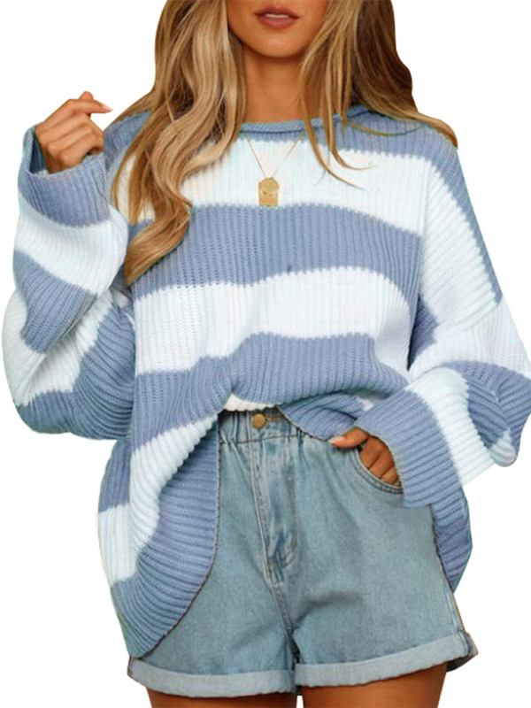 Round Neck Long Sleeve Colorblocked Striped Knit Sweater Flare Sleeve Sweater