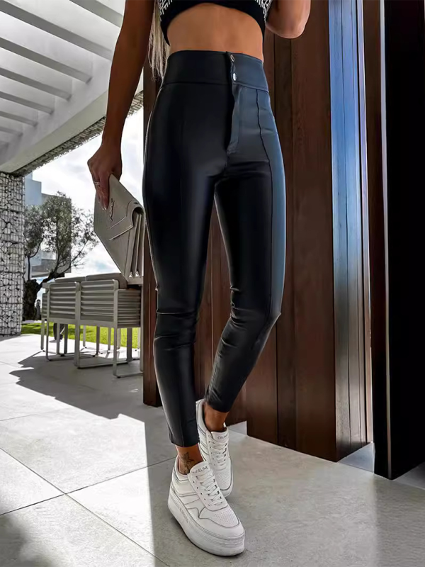 High-waisted stretch PU leather skinny bottoming pants