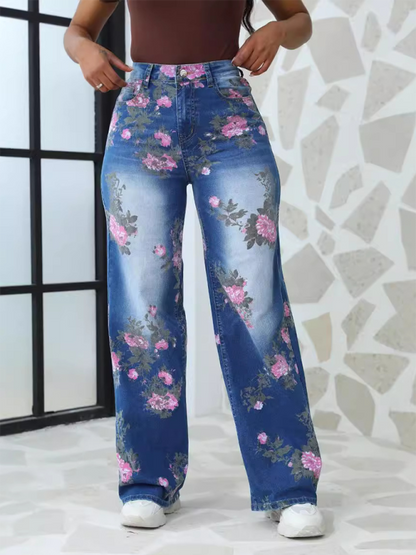 Floral Printed Wide Leg Pants Women's Jeans