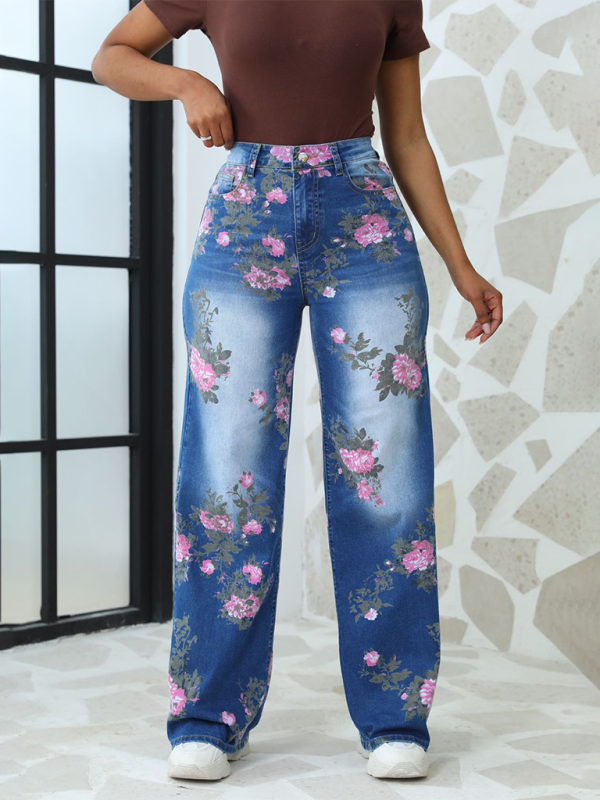 Floral Printed Wide Leg Pants Women's Jeans