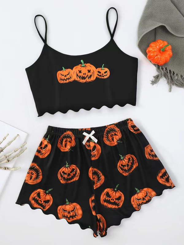 Halloween Pumpkin Print Sleeveless Camisole Top Shorts Homewear Pajama Set