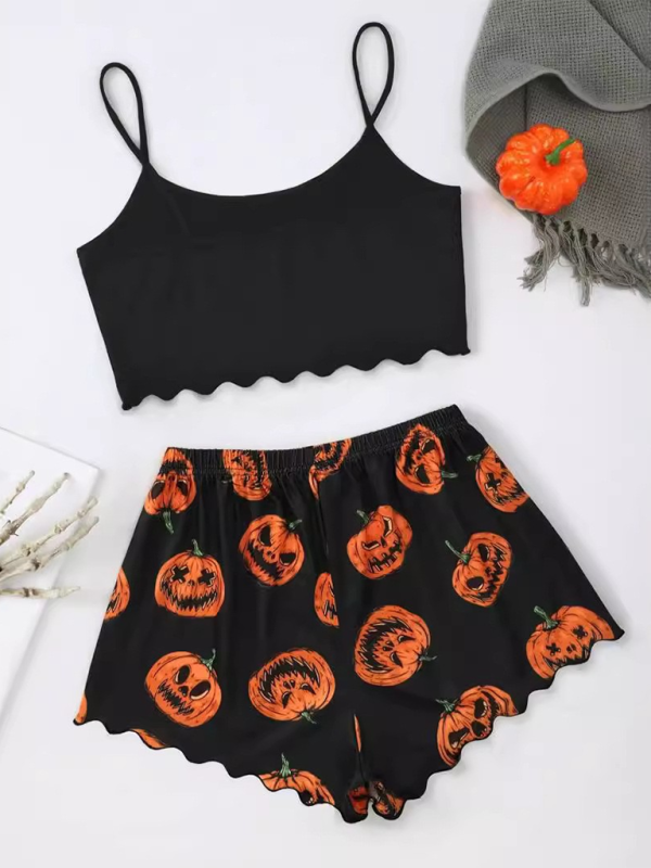 Halloween Pumpkin Print Sleeveless Camisole Top Shorts Homewear Pajama Set