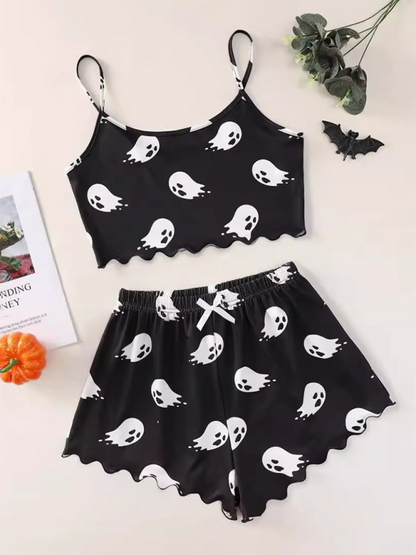 Halloween Pumpkin Print Sleeveless Camisole Top Shorts Homewear Pajama Set