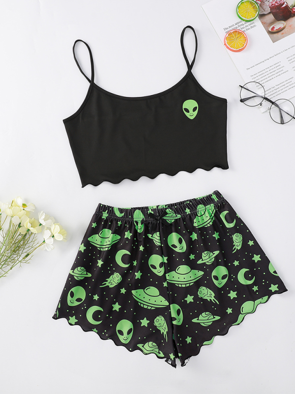 Halloween Pumpkin Print Sleeveless Camisole Top Shorts Homewear Pajama Set