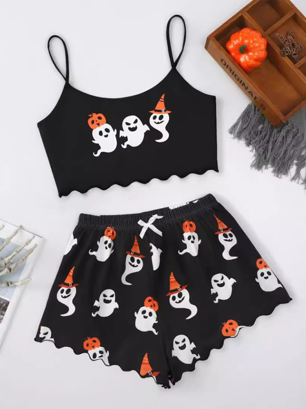 Halloween Pumpkin Print Sleeveless Camisole Top Shorts Homewear Pajama Set