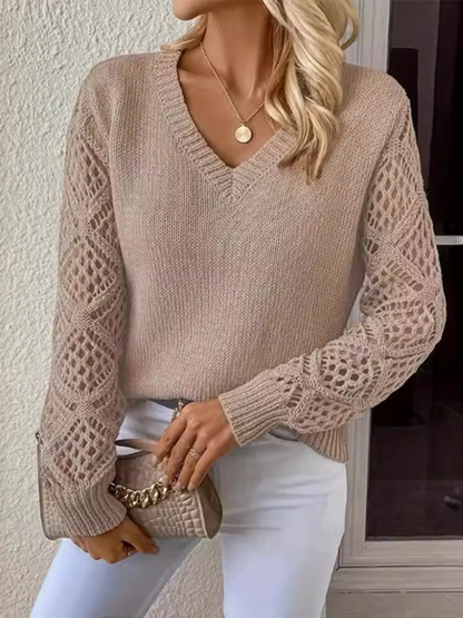 Women's Temperament V-neck Hollow Long Sleeve Solid Color Casual Top