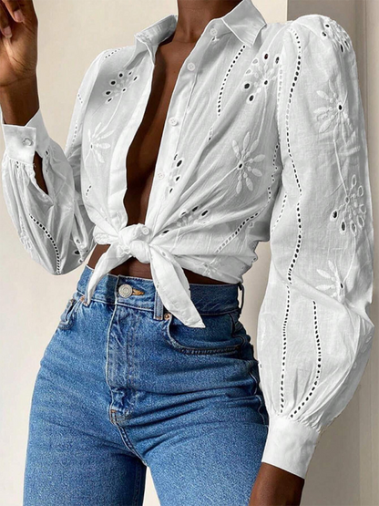 New Single Breasted Solid Color Embroidered Long Sleeve Lapel Shirt